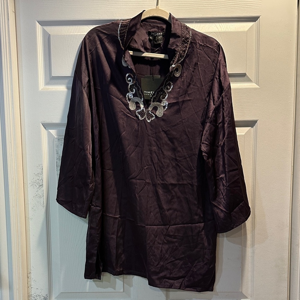 NWT! Timeless Naeem Kahn Purple Satin Sequin Caftan Tunic Top Blouse XL